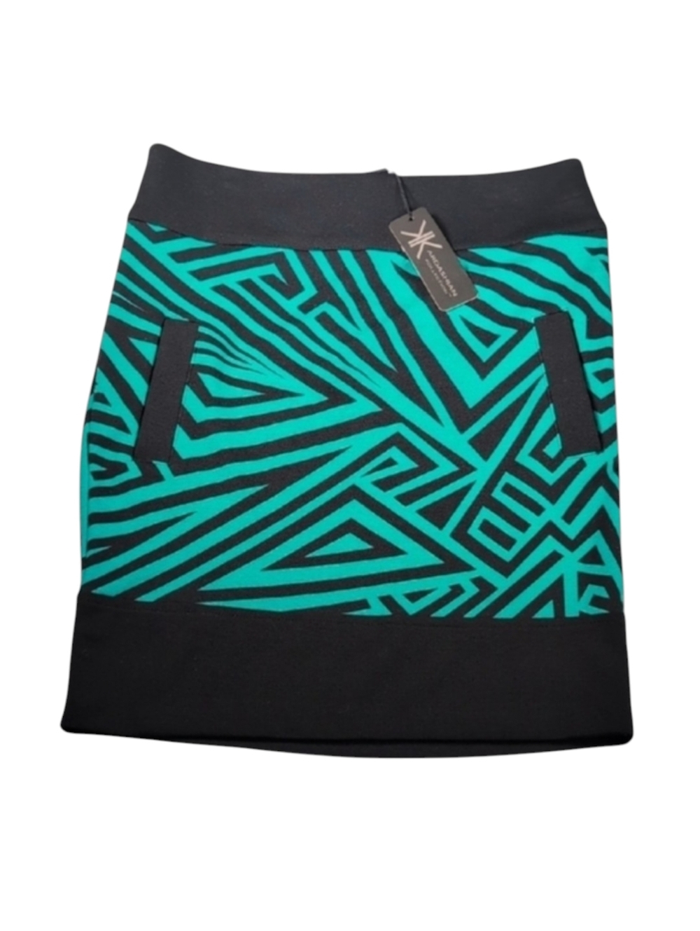 Kardashian Kollection Neon Lovers Neon Jade &Black Geometric Design Skirt Size M